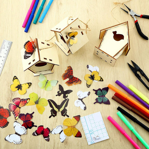 Outus 24 4 Pcs Wooden DIY Birdhouse Kits for Kids to Build, Shapes Birdhouse Kit Wooden Unfinished with Butterfly