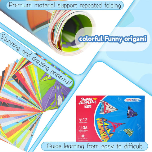 8-12, 12 36 Paper Airplane Origami Kit for Kids Ages Paper Airplane Designs with Colorful Origami Papers, Folding
