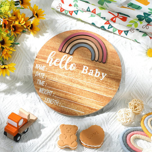 Wooden Baby Birth Announcement Sign Rainbow Baby Name Sign with Marker Pen Baby Arrival Sign Welcome Newborn Sign