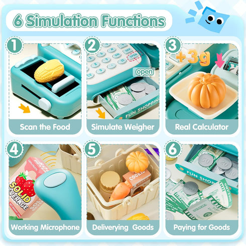 STACTCUTE 49Pcs Set Playset 3-8 Cash Register Toy for Kids, Pretend Play Grocery Store Cashier with Conveyor Belt