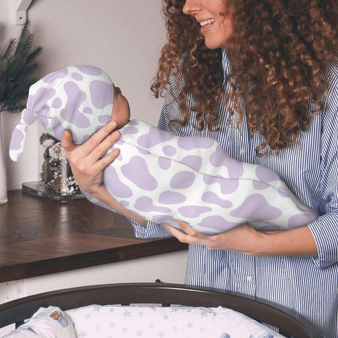 Qiohoey Purple Cow Print Newborn Baby Swaddle Blanket with Beanie Hat Baby Receiving Blanket Soft Baby Sleep Sack Baby