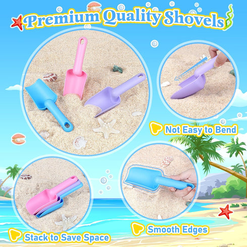 Collapsible Beach Buckets for Kids, Foldable Sand Buckets and Shovels with Mesh Bag, Silicone Sand Pails Travel Beach