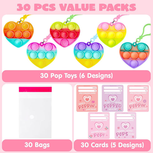 30 Packs JOYIN Valentine's Day Gift Cards with Heart Pop Bubble Keychain, Mini Pop Squeeze Toys, Stress Relief Fidget