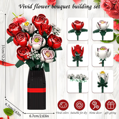 Panigkids Set Set Roses Flower Bouquet Building Kit, Artificial Roses Flower Bouquet Building with Vase, DIY Artificial