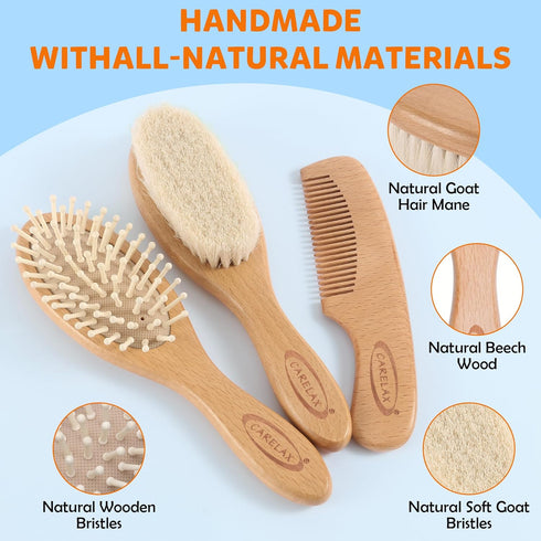 Set, (3 Set) Baby Hair Brush & Comb Organic Wooden Hairbrush Natural Goat Bristles for Newborns & Toddlers, Ideal