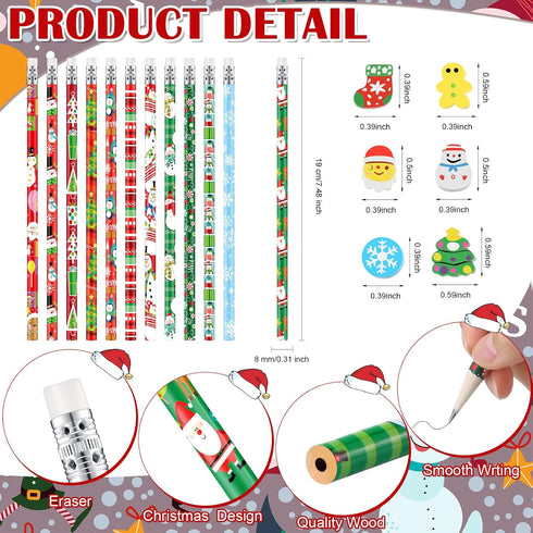 72 Pcs Christmas Pencils Mini Pencil Erasers Set, Christmas Party Favors for Kids, Holiday Tiny Erasers, Classroom