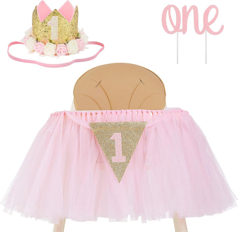 1st Birthday Girl Decorations - High Chair Tutu Skirt with No.1 Crown, Cake Smash Banner, Princess Crown, 'ONE' Cake