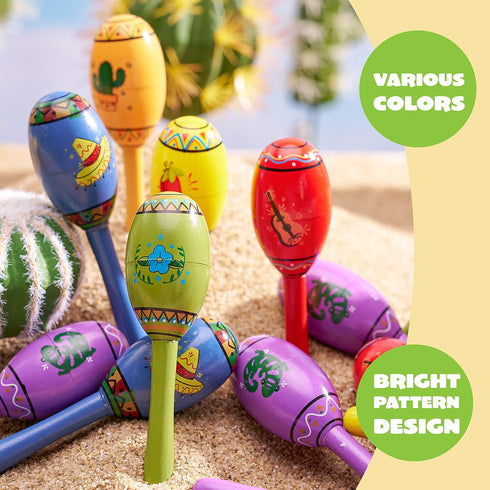JOYIN 24 Mini Wooden Fiesta Maracas, 6 Designs Noisemaker for Mexican Fiesta, Birthday Parties, Luau Party Favors