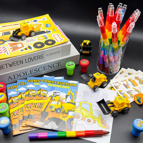 72 Set Cinrobiye Pcs Construction Party Favors Truck Car Coloring Books with Stacking Crayons Bulk Engineering Vehicle