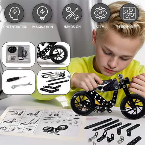 Metal Model Motorcycle Kits, 117 Pcs Erector Sets for Boys Age 8-12, STEM Building Toys for Kids and Adults