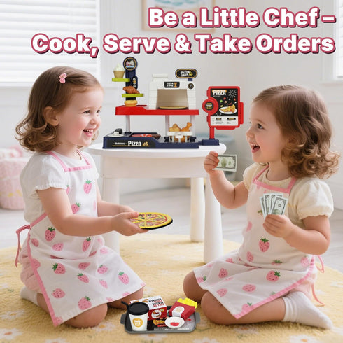 KiddoKraft Set 3-6 Kids Pizza Play Pretend Pizza Kitchen Toy with Cutting Food, Grill, Fryer, Cash Register