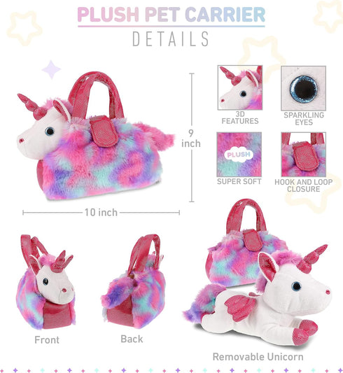 DolliBu Cotton Candy Pink Unicorn Plush Toy Pet Carrier, Cute Stuffed Animal Purse for Girls with Removable Sparkly Toy