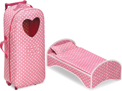 Badger Basket 3-in-1 Doll Trolley Travel Carrier with Rocking Bed and Bedding for 18 inch Dolls - Pink/Polka Dot