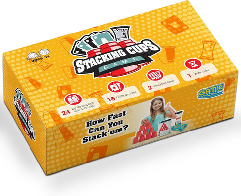 Set 24 18 Gamie Stacking Cups Game for Kids - Includes Cups, Fun Challenging Cards, and Water Timer - Family Games