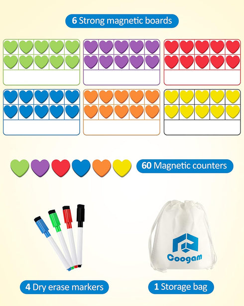 Coogam Magnetic Ten Frame Set - Math Manipulative Games for Kids with 6 Ten Frames, 60 Magnetic Counters, Montessori Toy