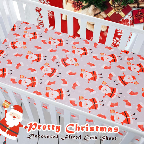 52'' 28'' Christmas Crib Sheet, Fitted Crib Sheet with Santa Claus, Christmas Stocking, Snowflake, Measuring x to fit