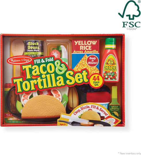 Melissa & Doug Fill & Fold Taco & Tortilla Set, 43 Pieces – Sliceable Wooden Mexican Play Food, Skillet - FSC Certified
