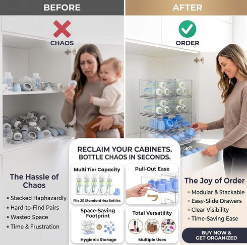 Farazza 6-Pack Set Countertop Clear Baby Bottle Organizer For Cabinet, Storage Bins with Pull-Out Drawers, Organizer