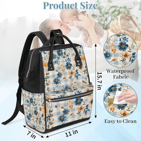 Honeybaby Backpack 19L Diaper Bag for Mom & Dad Checkered Background Flowers Large Diaper Bag Tote with Multi-Pocket