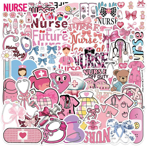 Hopetl 50Pcs Pink Bow Nurse Stickers Medical Accessories Stickers for Laptop, Water Bottle,