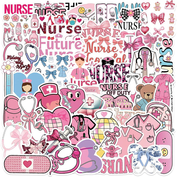 Hopetl 50Pcs Pink Bow Nurse Stickers Medical Accessories Stickers for Laptop, Water Bottle,