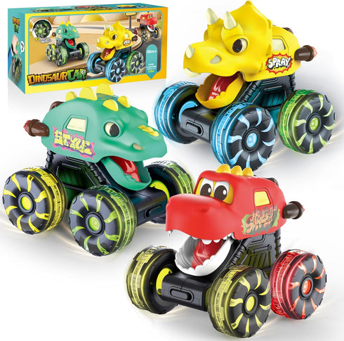 OMAKCOO 3 Pack Dinosaur Monster Truck Toys with Light-Up LED Wheels for Toddlers