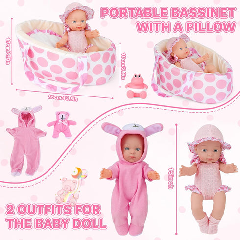 13'' Playset Set 3+ deAO Baby Doll with Bassinet Carrier Bed Baby Doll Accessories Including Pillow Clothes Pacifier