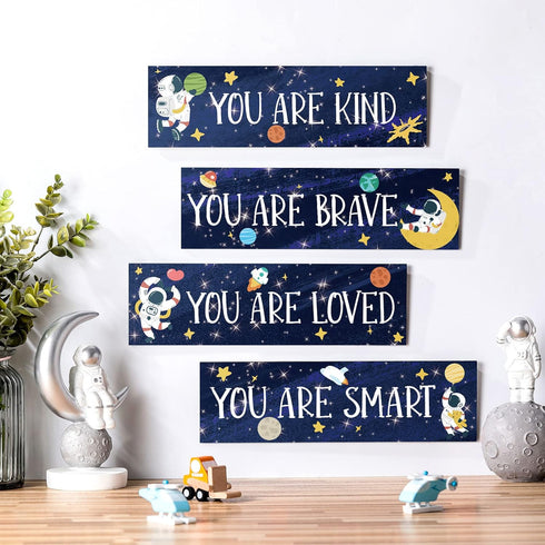 4 Yookeer Pcs Space Room Decor for Kids Boys Outer Space Wall Art Bedroom Decor for Nursery Classroom Astronaut Galaxy