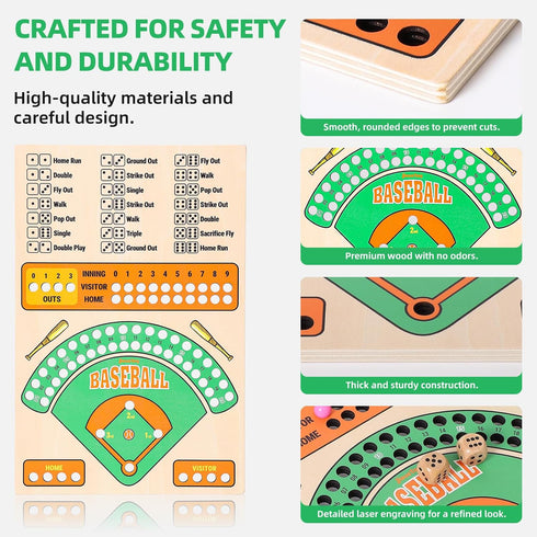 Jioustoy Baseball Board Game, Wooden Baseball Dice Game with Marbles, Baseball Travel Game and Indoor Table Game