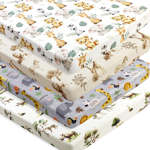 FIGEPO 4 Pack Safari Jungle Animals Neutral Unisex Fitted Nursery Baby Sheets Set