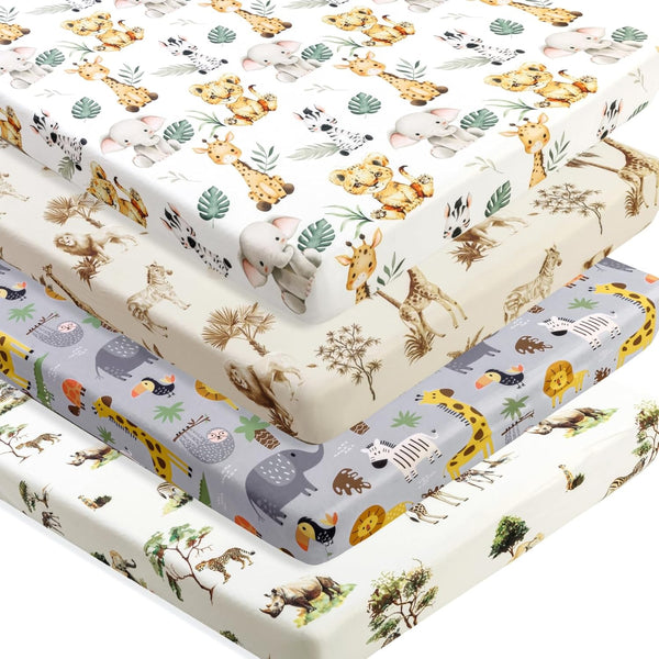 FIGEPO 4 Pack Safari Jungle Animals Neutral Unisex Fitted Nursery Baby Sheets Set