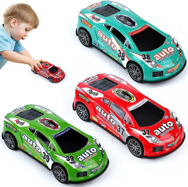 7 Inch Friction Power Car Toys Set - Push and Go Pull Back Trucks Wind Up Race Car 3 Pack for Toddlers