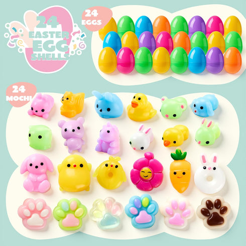 24 JOYIN Pcs Easter Eggs Prefilled with Squishy Toys, Cute Mochi Toy Fillers for Easter Egg Hunt, Basket Stuffers