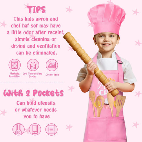 R HORSE Kid Apron and Chef Hat Set - Adjustable Light Pink Kitchen Apron for Cooking and Role Play