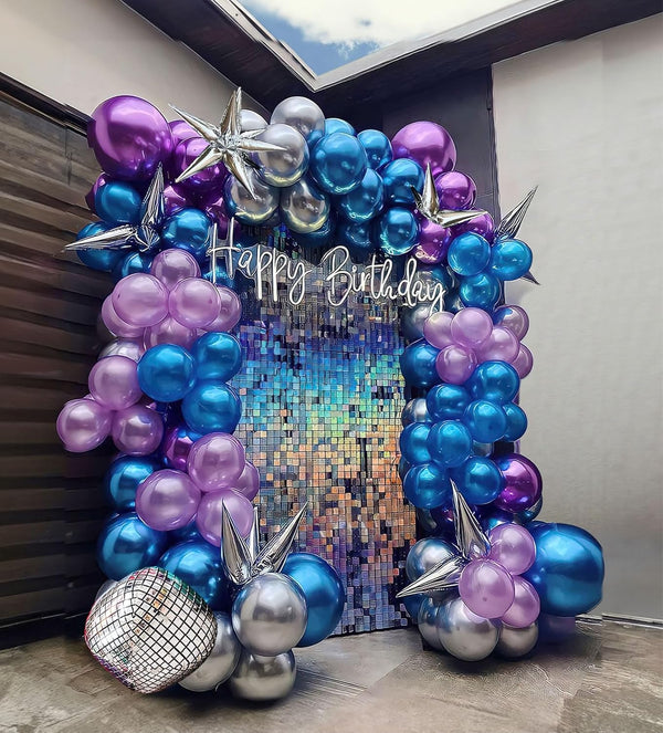 Chrome Purple and Blue Balloon Garland Arch Kit: 130Pcs Double Stuffed Lilac Silver Metallic Balloons for 2024
