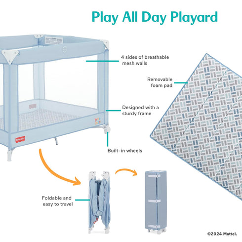 Dream On Me Fisher-Price Play All Day Portable Playard, ASTM Certified, Ideal for Babies & Toddler, One-Hand Fold