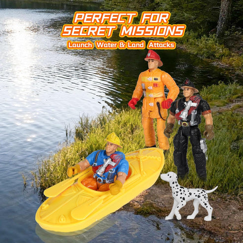 Playset, Kids Firefighter Action Figures Fireman Figures Toys with Tools, Red Fire Trucks, Army Vehicles, Helicopter
