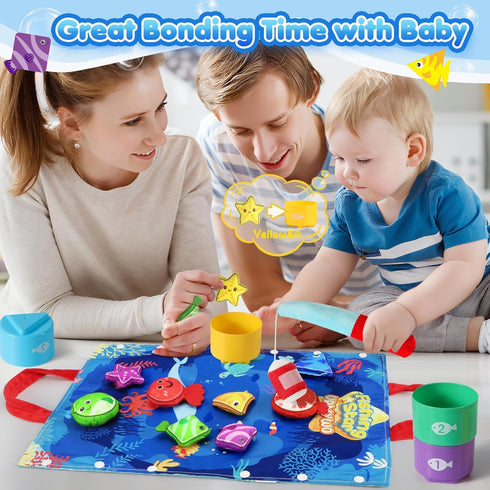 1 17 1 1 2 Montessori Toys for Year Old Boy Girl Birthday Gift, in Cloth Fishing Game with Stacking Cups, Color