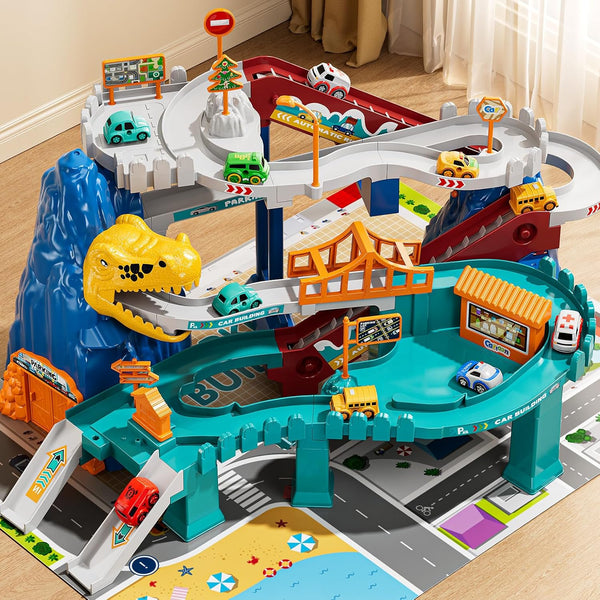 NIPLOOOW Dinosaur Race Track Playset for Boys Kids 3-5, Dinosaur Climbing Hills Car