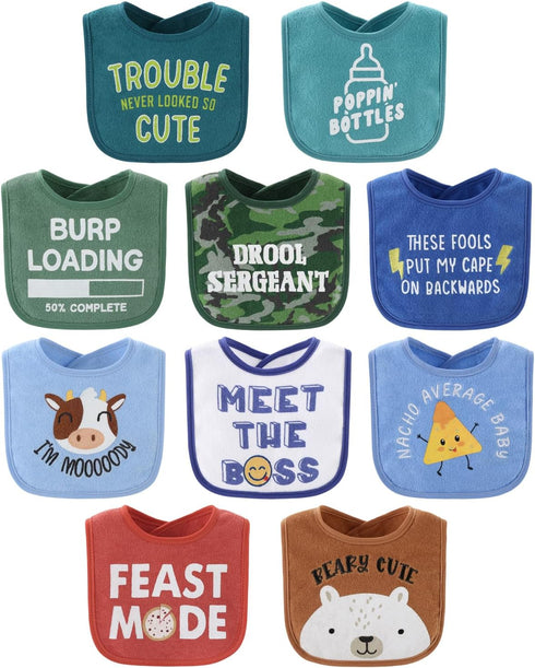 The Peanutshell Baby Boy Bibs Set, Terry Cloth, Eating, Drooling, Teething Essentials, 10 Pack, Funny Sayings in Camo