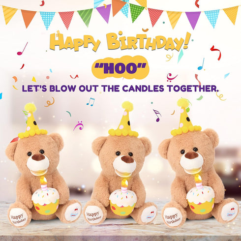 Hopearl Happy Birthday Teddy Bear with Glowing Cupcake - Musical Stuffed Animal Bear, Interactive Kids Gift, Brown