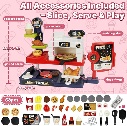 KiddoKraft Set 3-6 Kids Pizza Play Pretend Pizza Kitchen Toy with Cutting Food, Grill, Fryer, Cash Register
