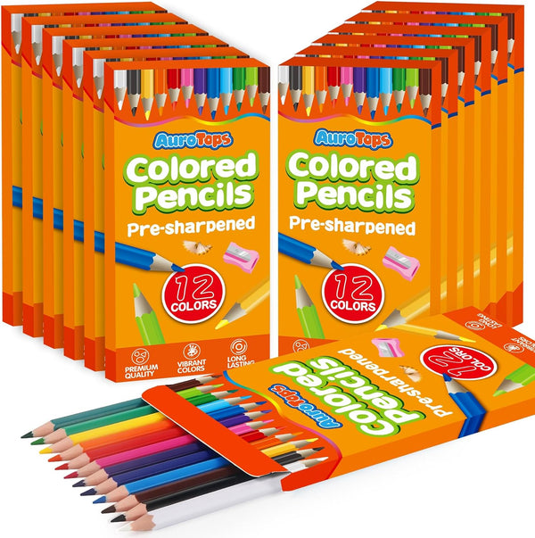 AuroTops 12 Pack Colored Pencils,144 Count Pre-Sharpened Colored Pencils Bulk,12 Color Pencil
