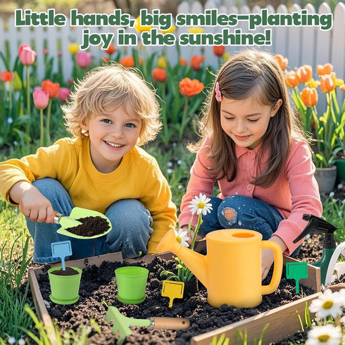 Set, Summer JOI MEW Kids Gardening Tools Garden Toys w/Wooden Handle Alloy Rake,Fork,Trowel, Watering Can,Gloves,Tote
