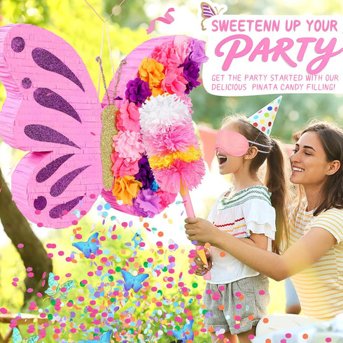 27" Pink Butterfly Pinata for Girls Birthday, Dreamy Floral Party Supplies with Stick, Blindfold & Confetti - Sturdy