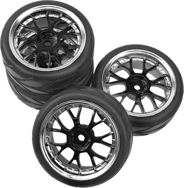 4Pcs HIRCQOO OD 2.55" 1/10 On Road Rubber Tires & 12mm Hex Hub Plastic Wheel Rims for Traxxas
