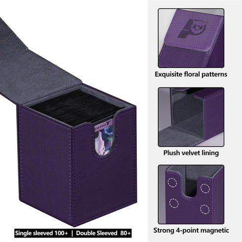 Card Deck Box for Commander - PU Leather Storage Box with 2 Dividers, Fits 100+ Single Sleeved Cards (Purple)