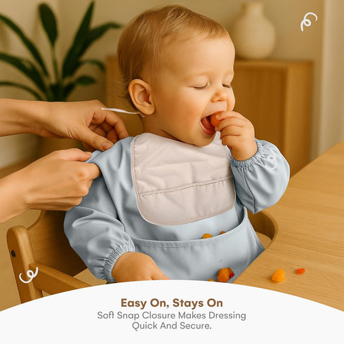 CHILDLIKE BEHAVIOR Baby Smock Bib - Waterproof Travel Buddy, Mess-Proof Feeding - Long Sleeves, Gentle Closure
