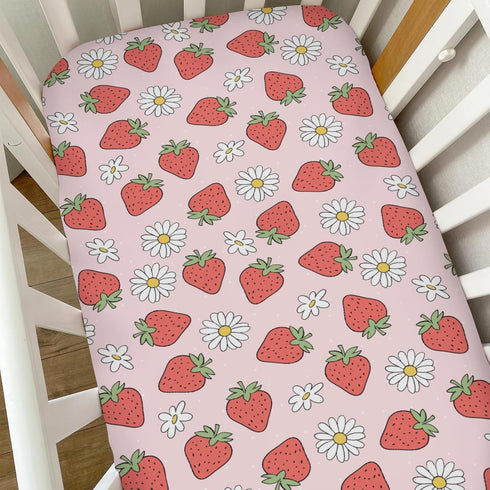 Selgkds 52''x28'' Summer Cute Strawberry Daisy Baby Crib Sheets for Boy Girl Red Strawberries Floral Soft Snug Fitted