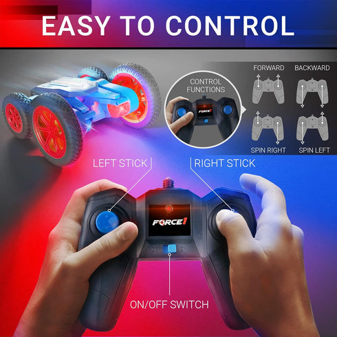 Force1 360 4WD 2.4GHz Tornado Red LED Remote Control Car for Kids- Double Sided Driving Fast RC Cars Flips, Outdoor Off
